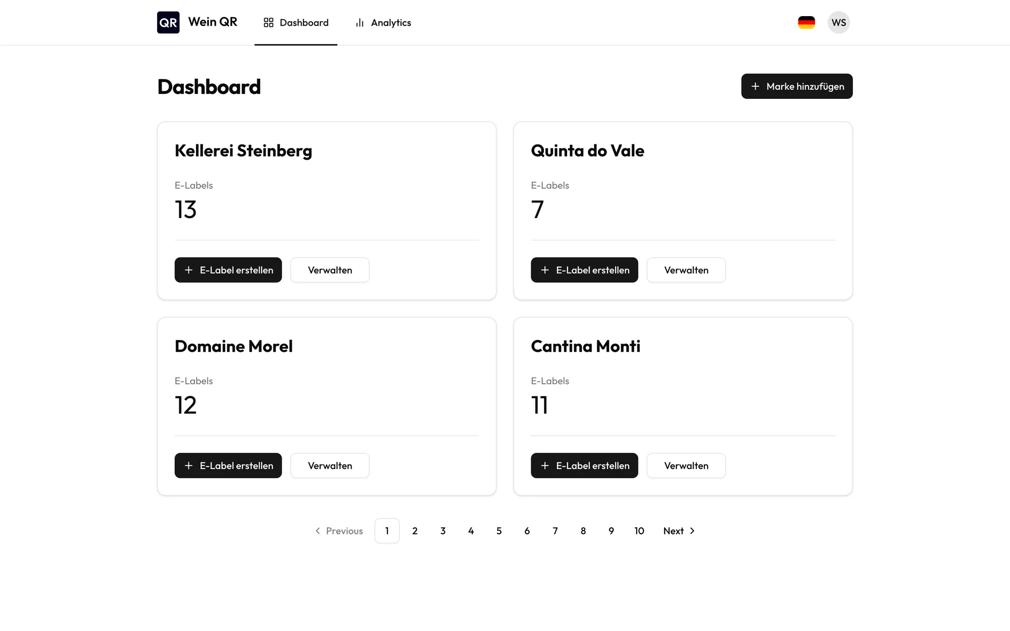 Dashboard von Wein QR mit Marken und Anzahl der E-Labels