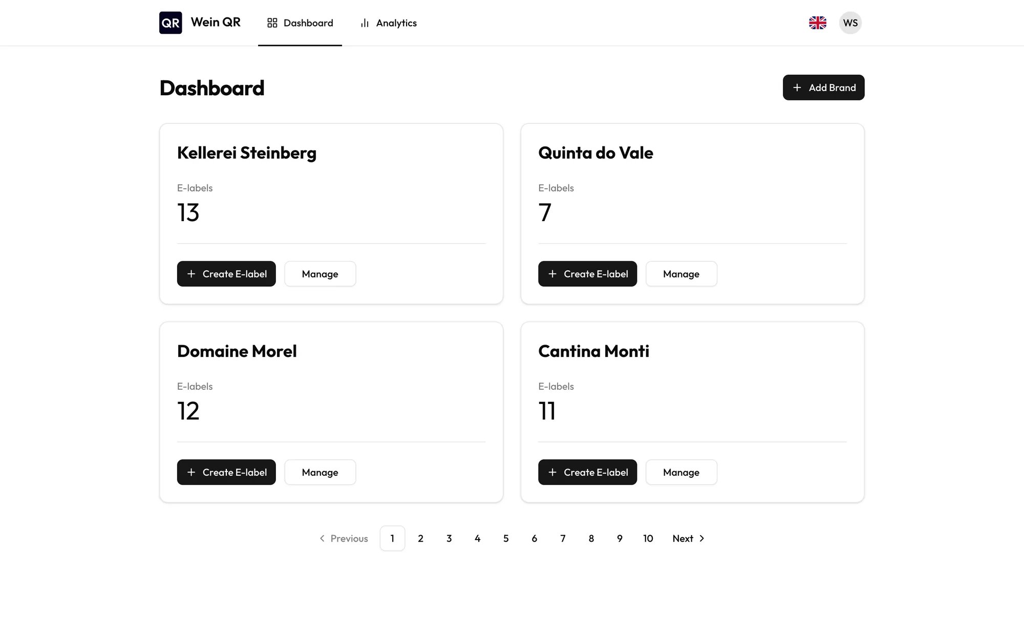 Wein QR dashboard with brands and number of e-labels