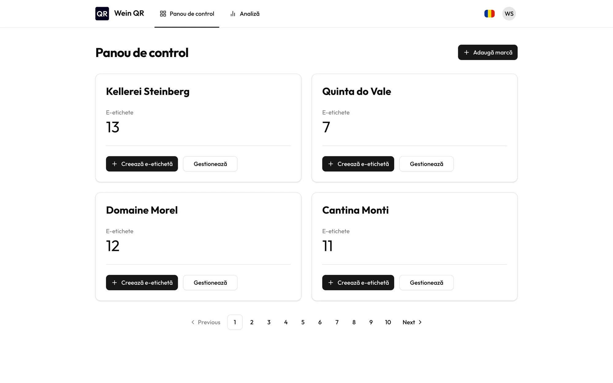 Panoul Wein QR cu branduri și numărul de e-etichete