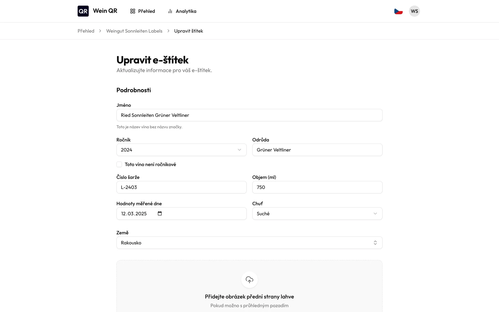 Formulář pro úpravu e-etikety s údaji o víně