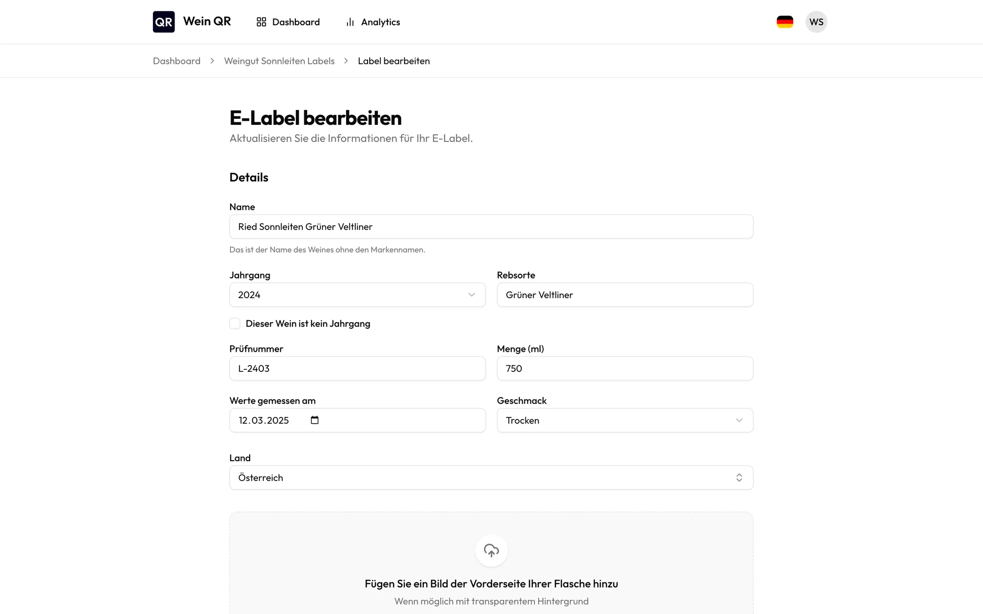 Formular zum Bearbeiten eines E-Labels mit Details zum Wein