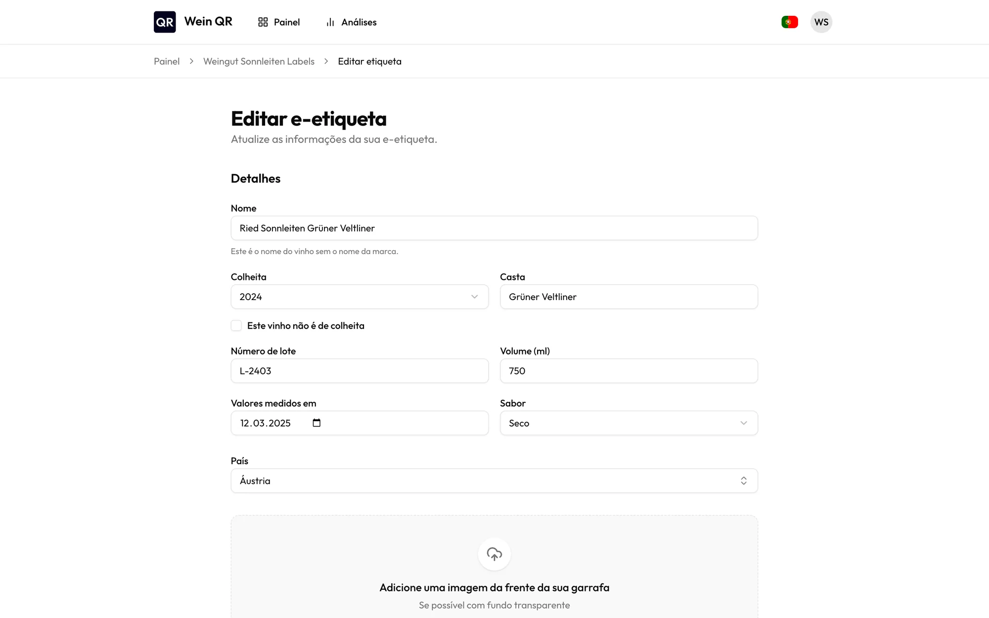 Formulário para editar um e-rótulo com os detalhes do vinho