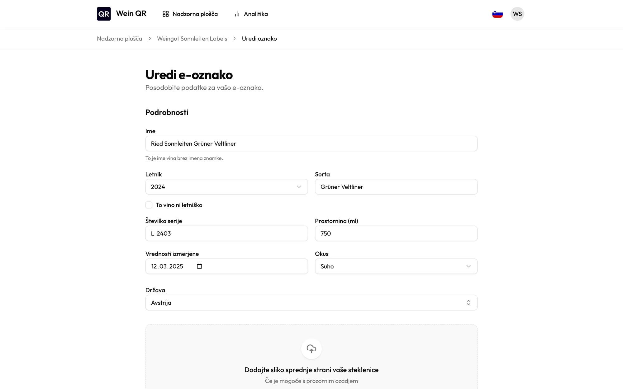 Obrazec za urejanje e-etikete s podatki o vinu