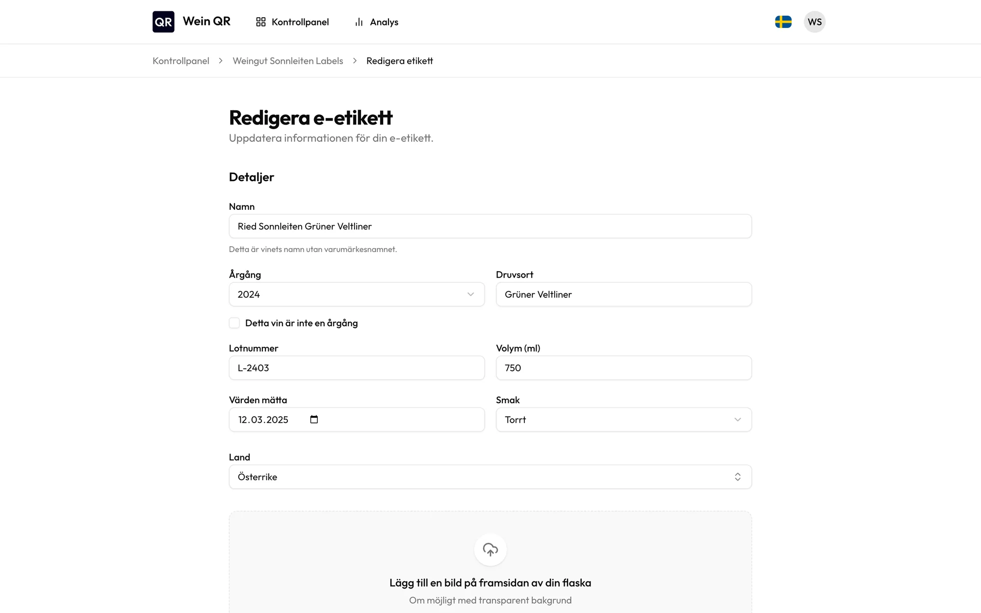 Formulär för att redigera en e-etikett med uppgifter om vinet