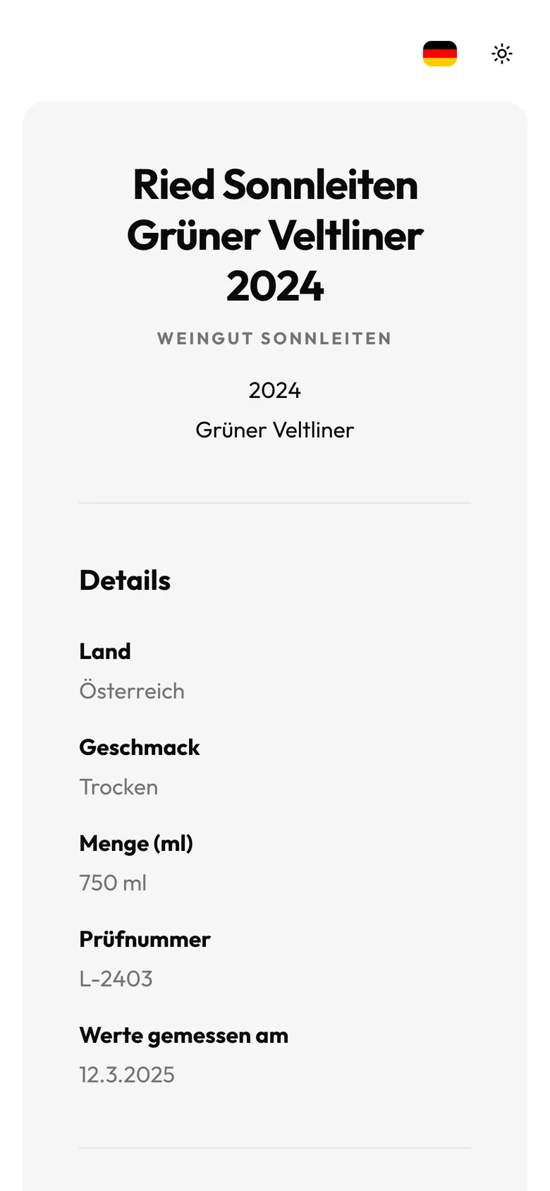 E-Label eines Weins auf einem Smartphone