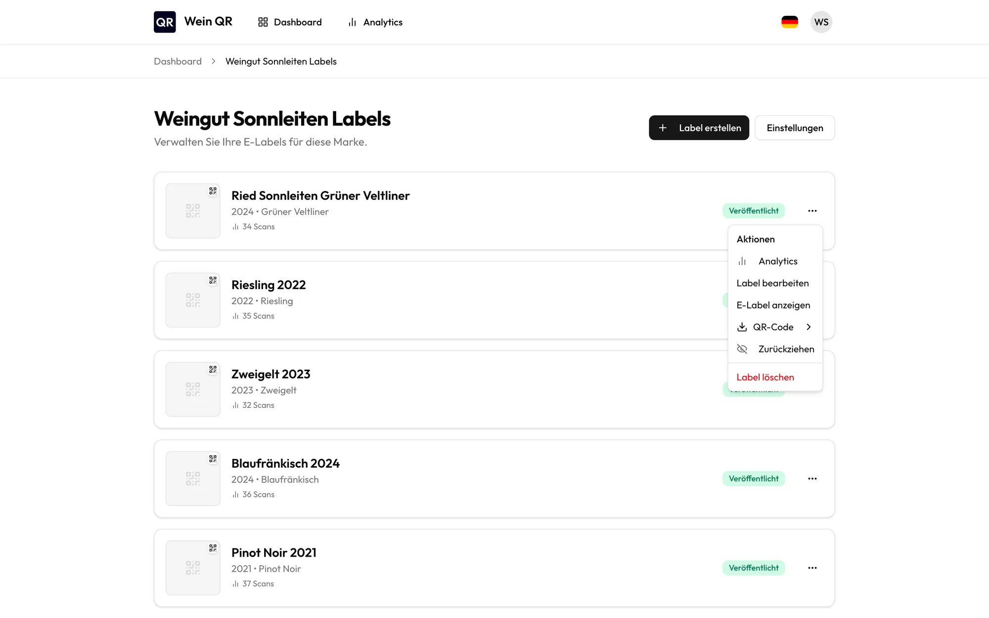 Liste der E-Labels mit geöffnetem Menü für QR-Code-Download