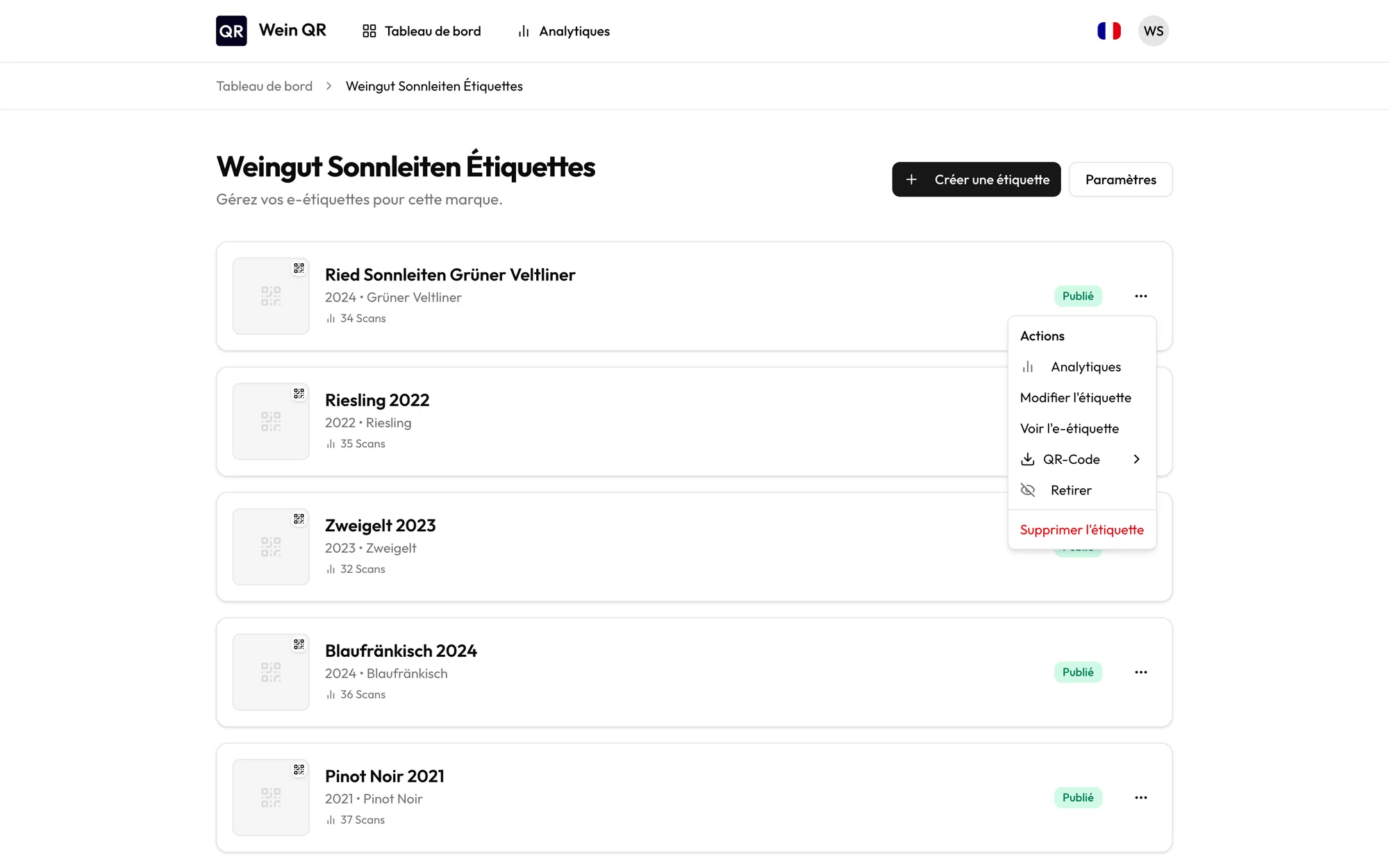 Liste des e-étiquettes avec le menu de téléchargement du QR code ouvert