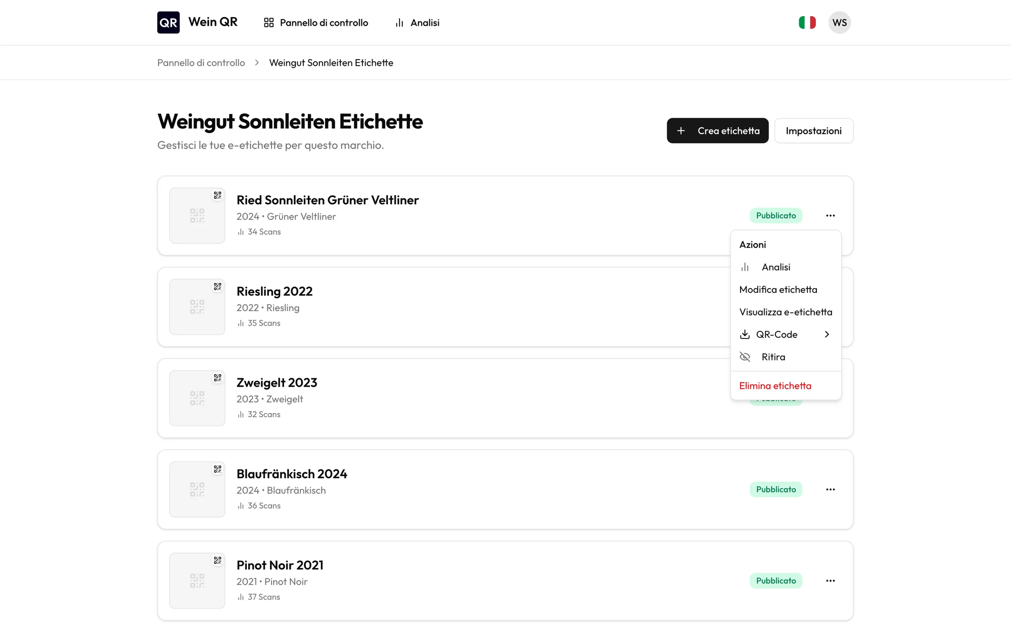 Elenco delle e-etichette con il menu per scaricare il codice QR aperto