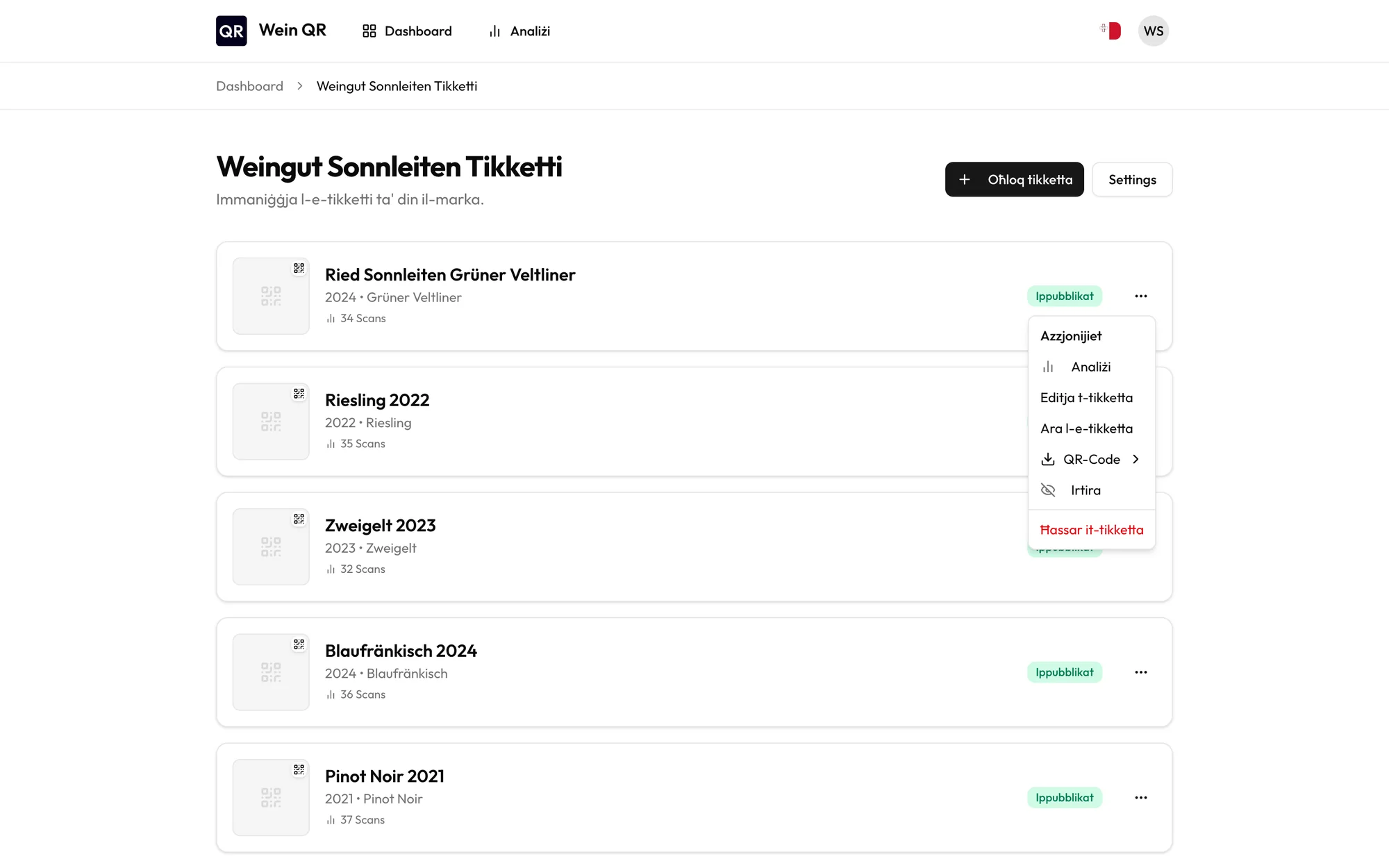 Lista ta’ e-tikketti bil-menu għat-tniżżil tal-kodiċi QR miftuħ
