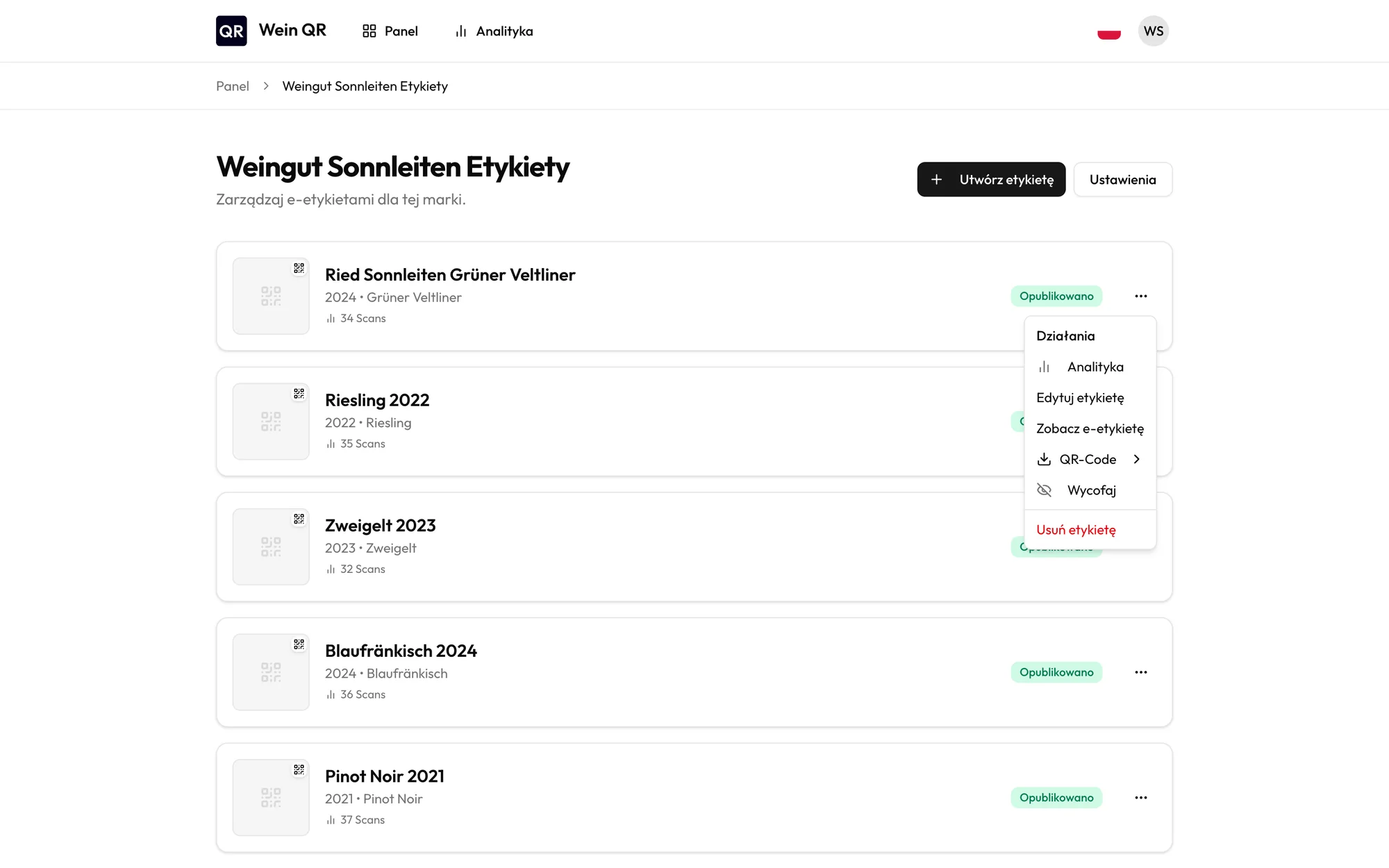 Lista e-etykiet z otwartym menu pobierania kodu QR