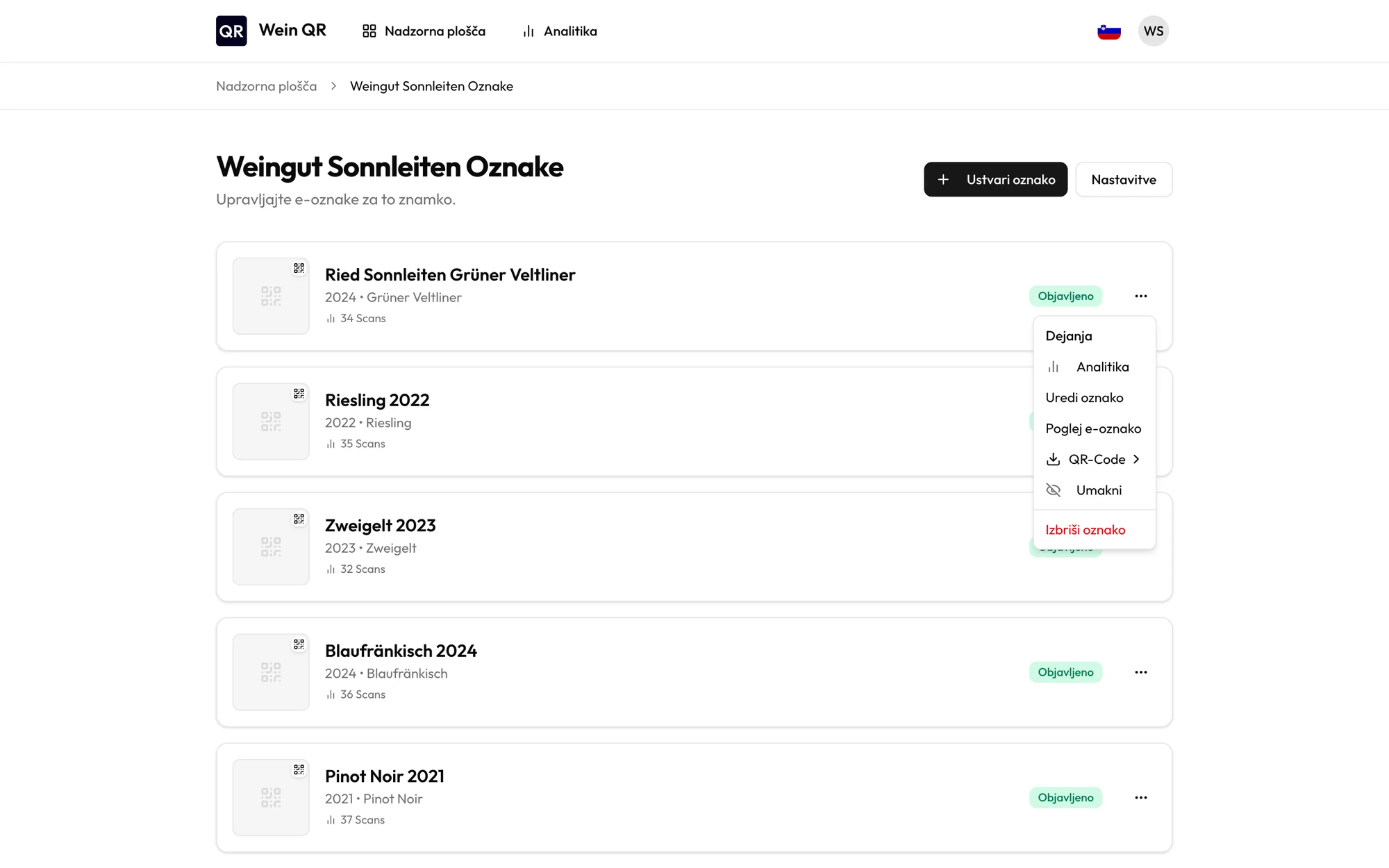 Seznam e-etiket z odprtim menijem za prenos kode QR