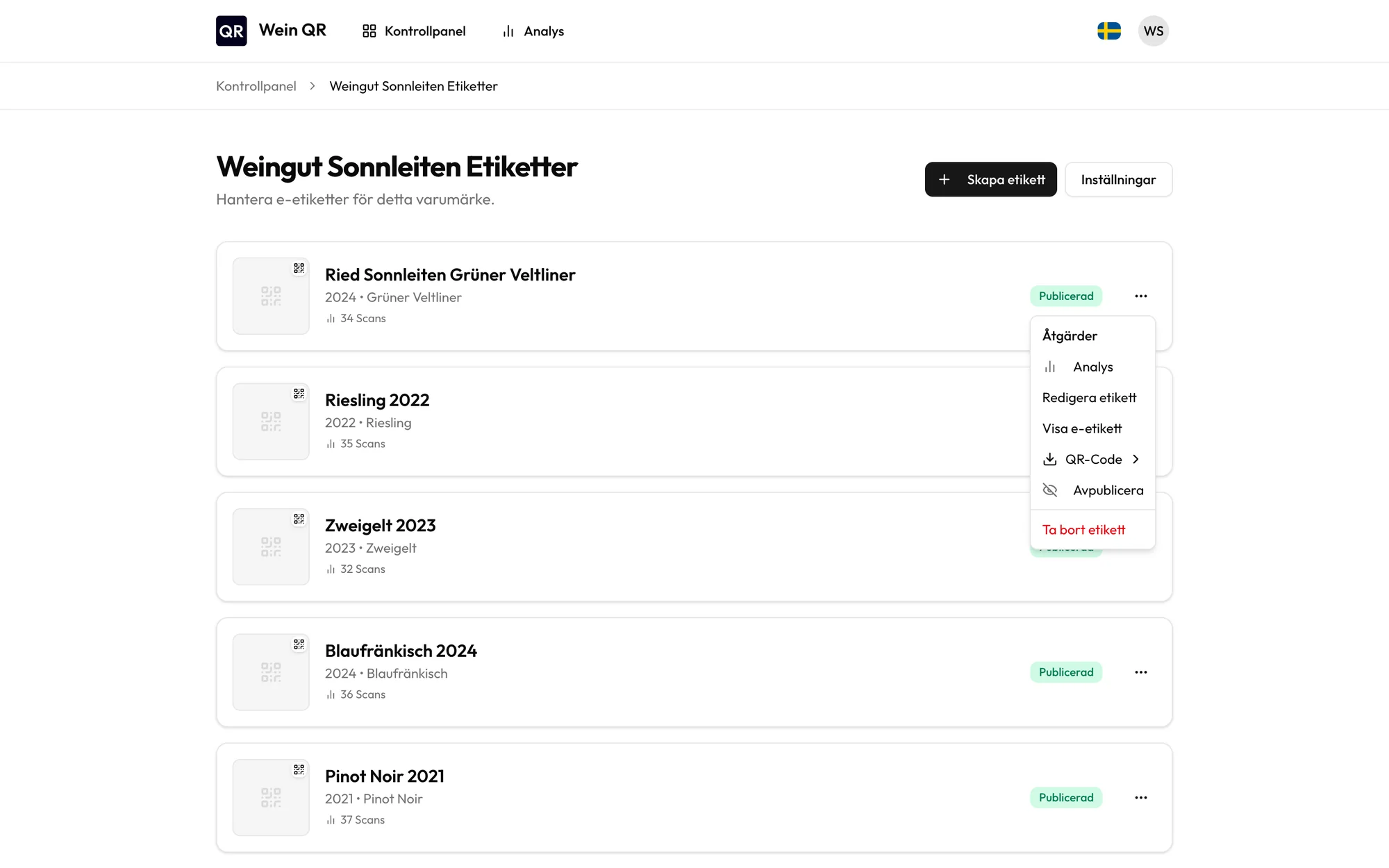 Lista över e-etiketter med menyn för QR-kodnedladdning öppen