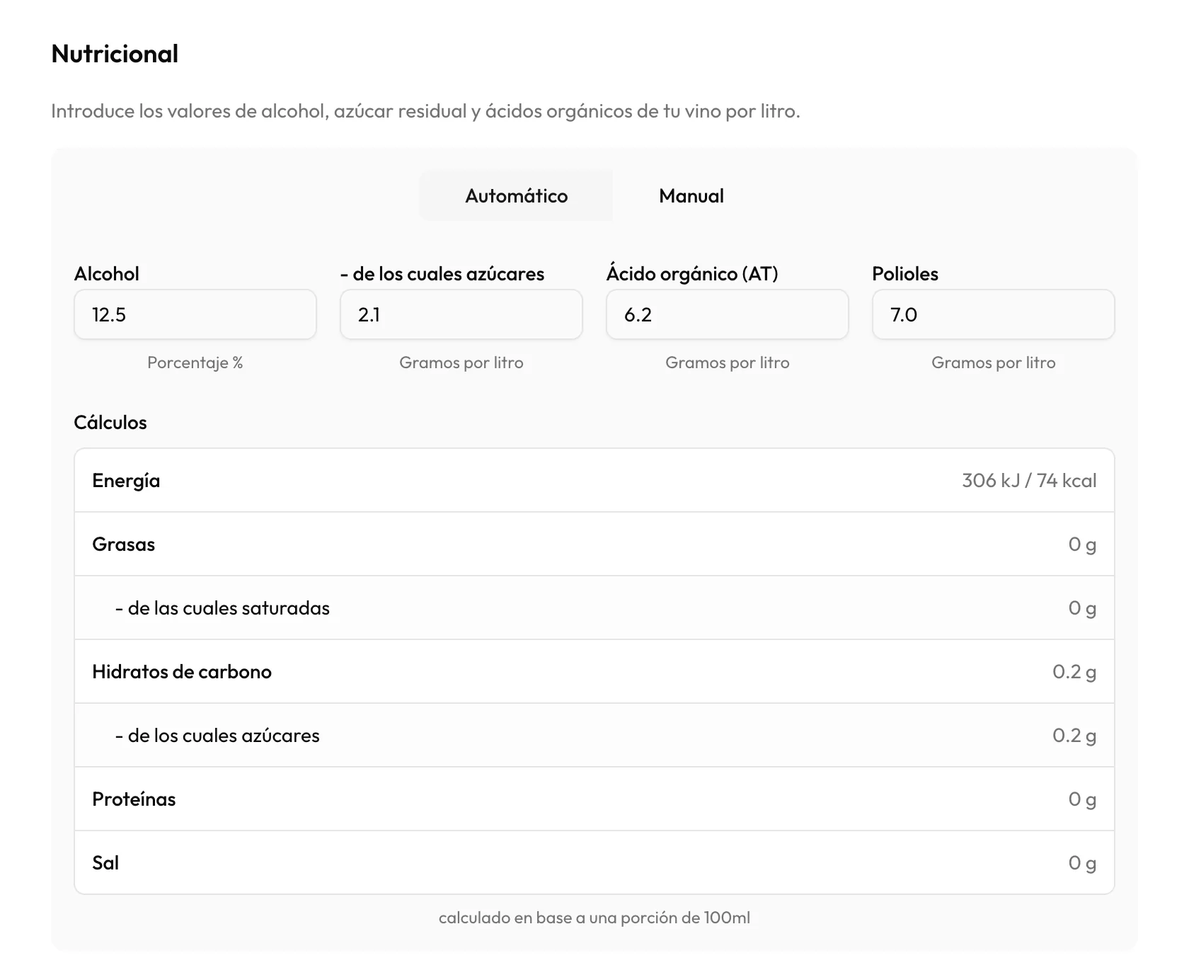 Cálculo nutricional automático a partir de alcohol, azúcar y acidez